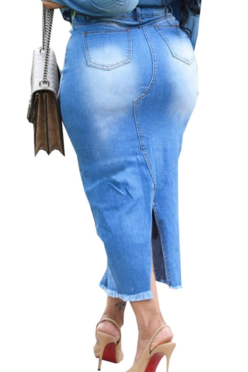Plus Size Denim High Waist Back Slit Skirt