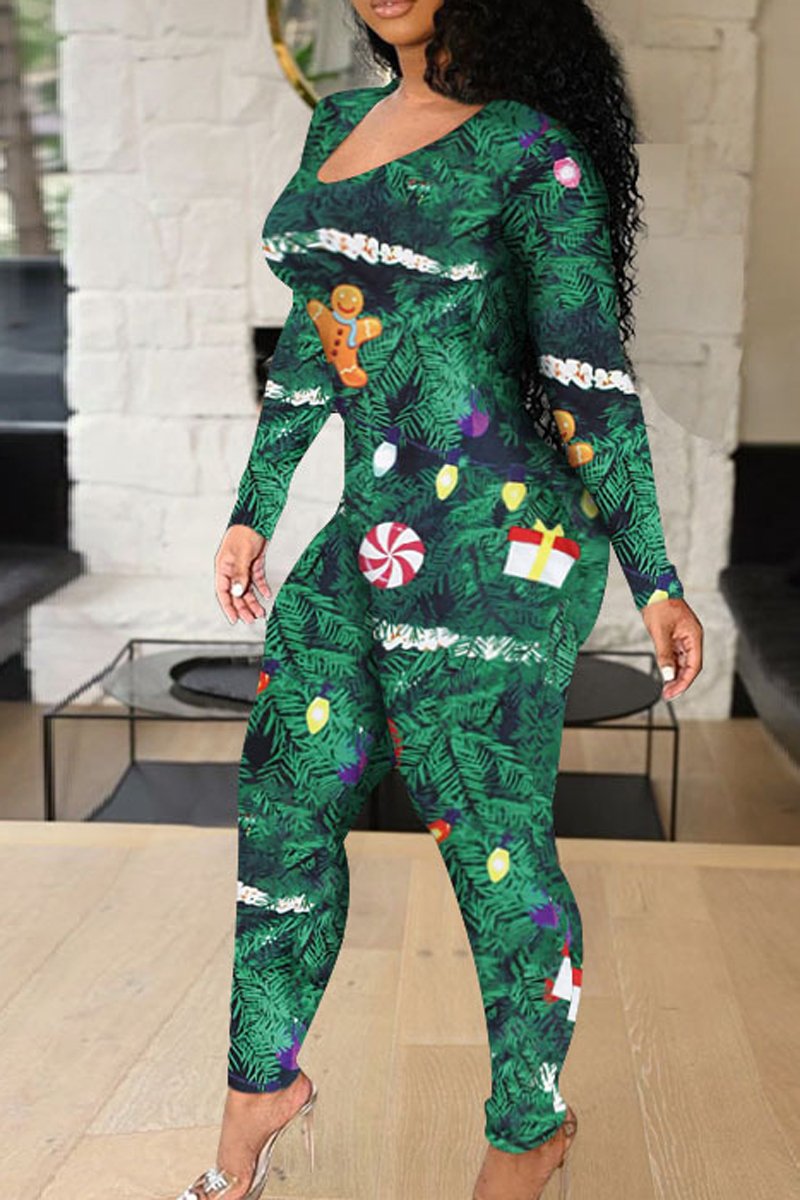 Plus Size Christmas Print Bandage Casual Jumpsuit