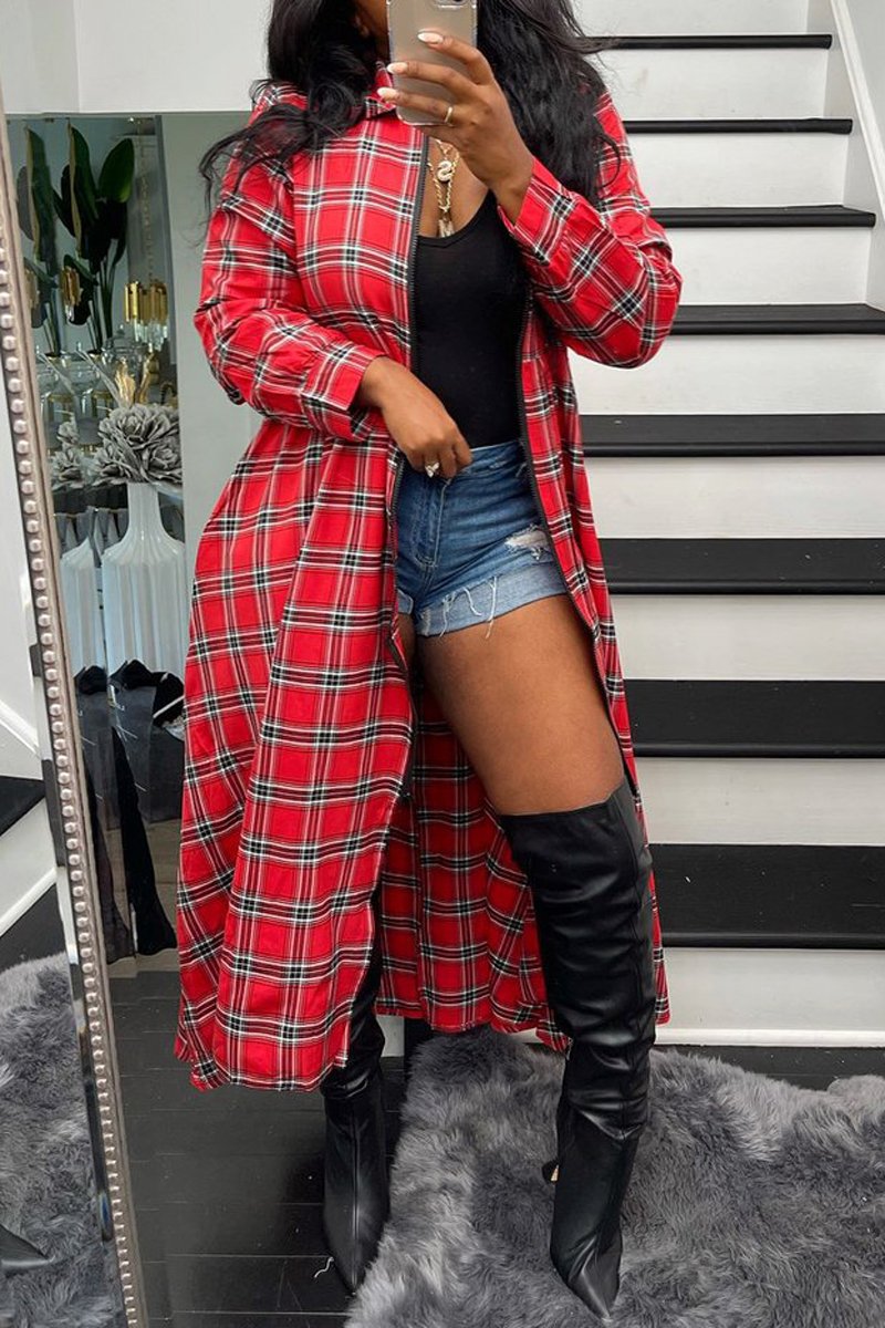 Plaid Print Zipper Long Sleeve Casual Long Coat