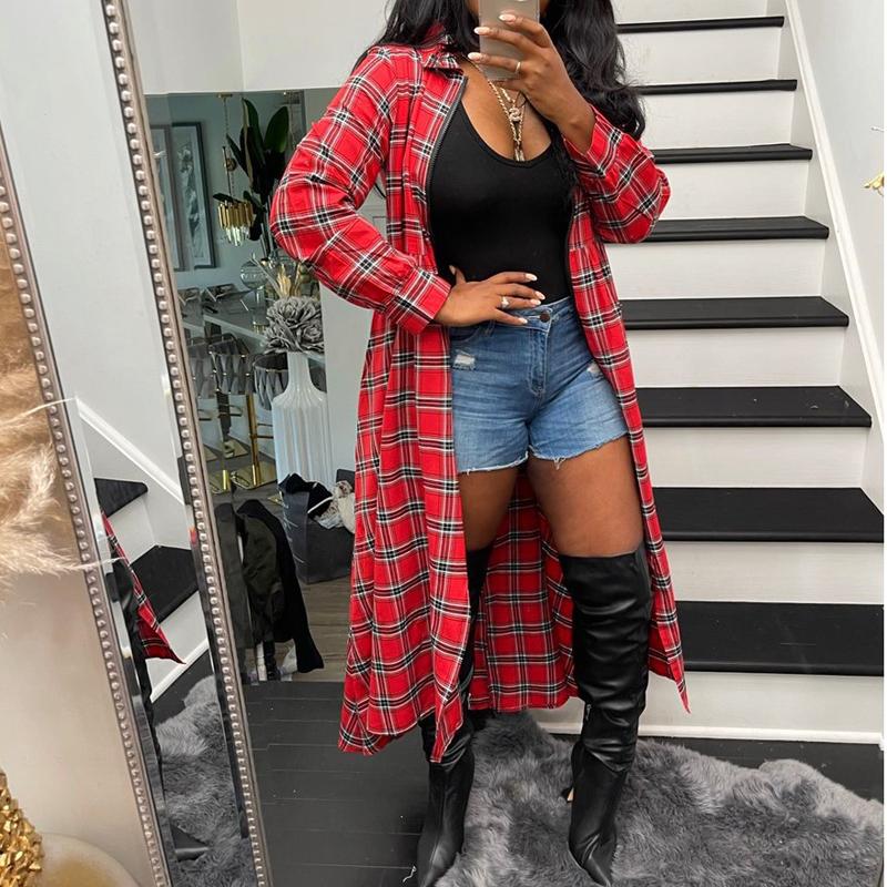 Plaid Print Zipper Long Sleeve Casual Long Coat