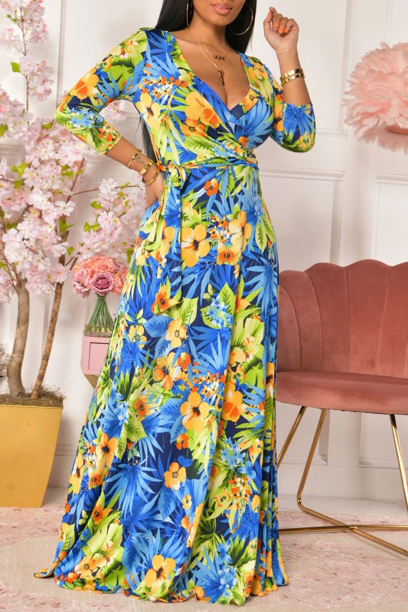 Plus Size Floral Print Strapped V-Neck Maxi Dress