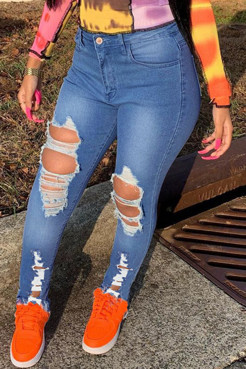 Plus Size Denim Hole Distressed Skinny Jeans