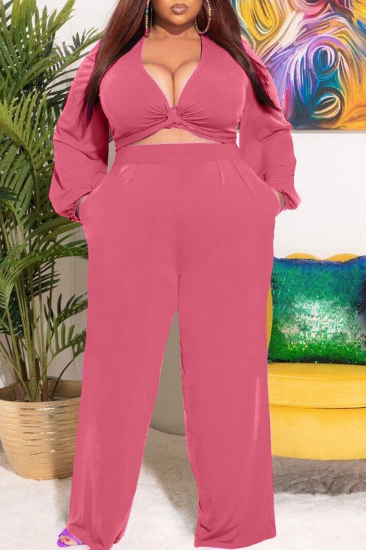 Plus Size Deep V-Neck Twisted Solid Two Piece Sets
