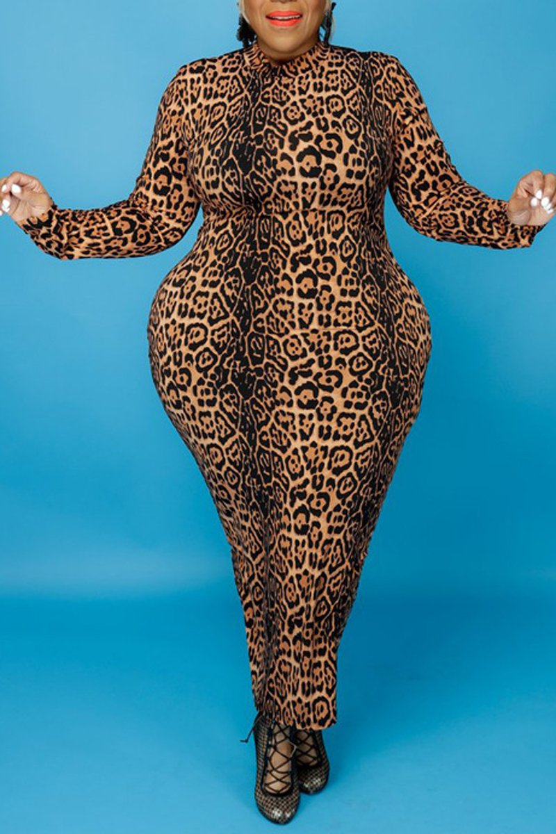 Plus Size Digital Print Long Sleeve Bodycon Dress