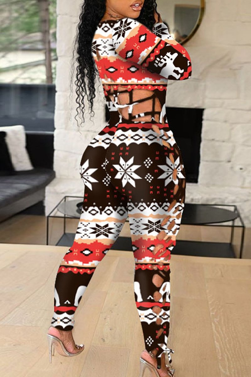 Plus Size Christmas Print Bandage Casual Jumpsuit