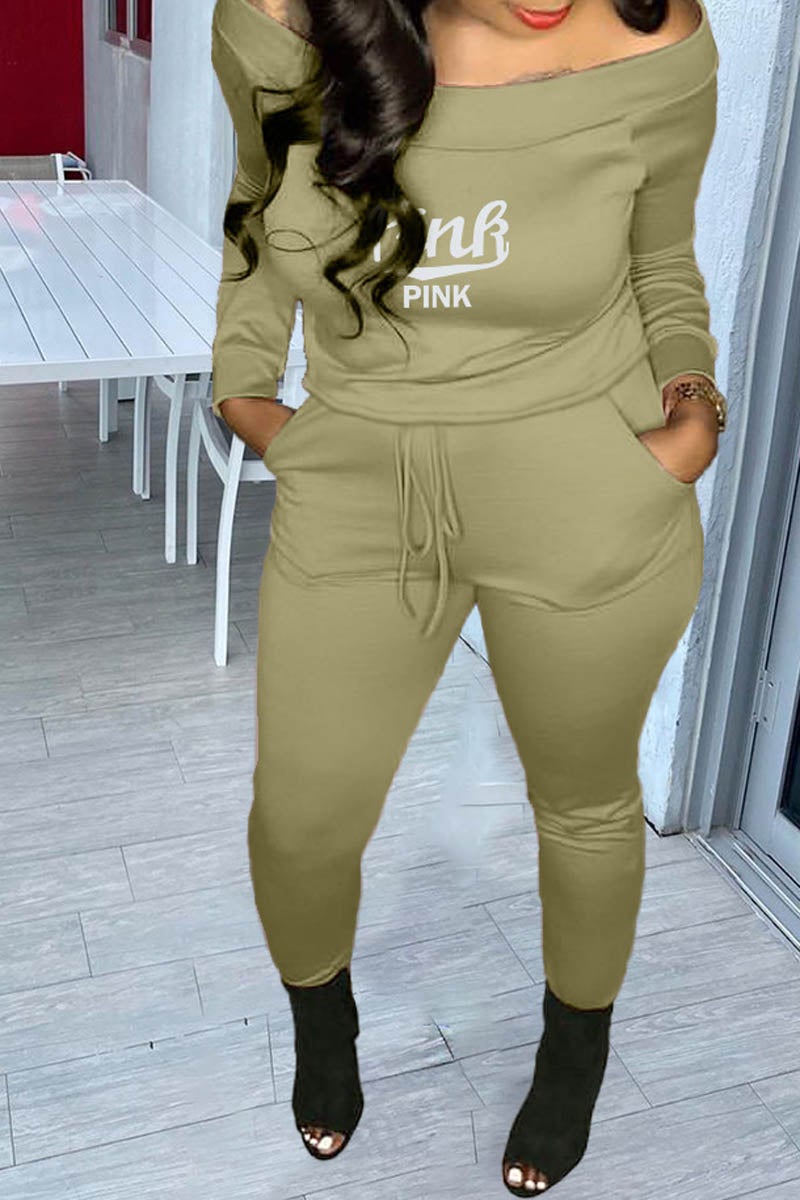 Plus Size Boat Neck Letter Print Two Piece Sets