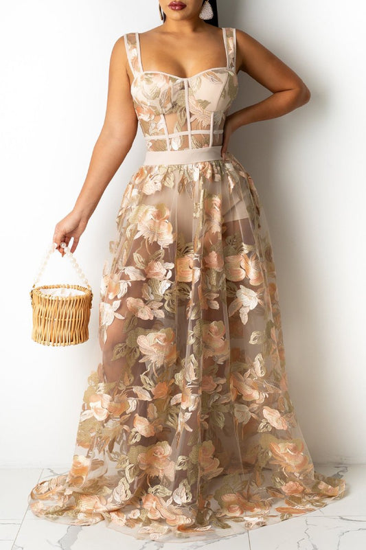 Plus Size Floral Embroidered Halter Neck Maxi Dress