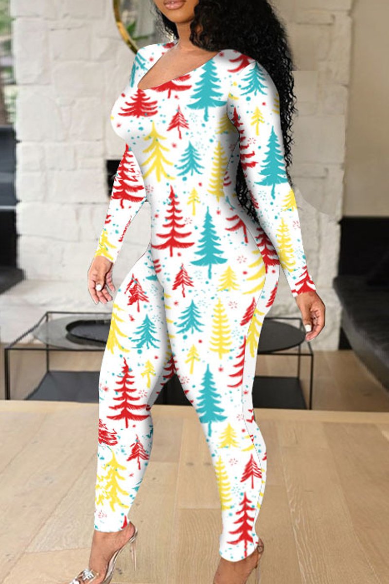 Plus Size Christmas Print Bandage Casual Jumpsuit
