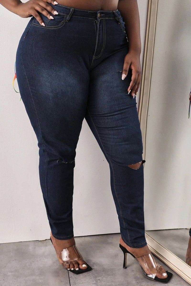 Plus Size Denim Back Colorful Bandage Hole Jeans