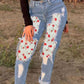 Plus Size Floral Print Patchwork Denim Pants
