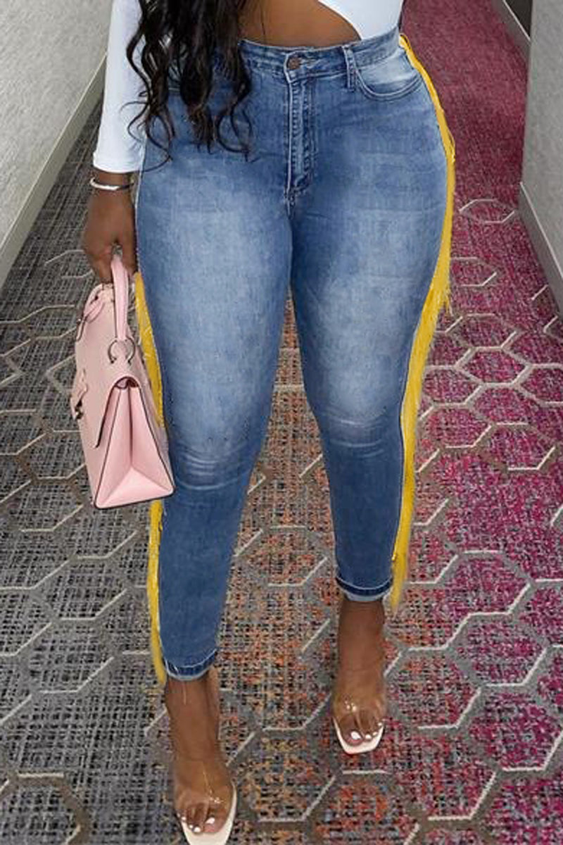Plus Size Denim Side Tassels High Waist Jeans