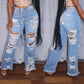 Plus Size Denim Hole Distressed Wide Leg Tassel Jeans