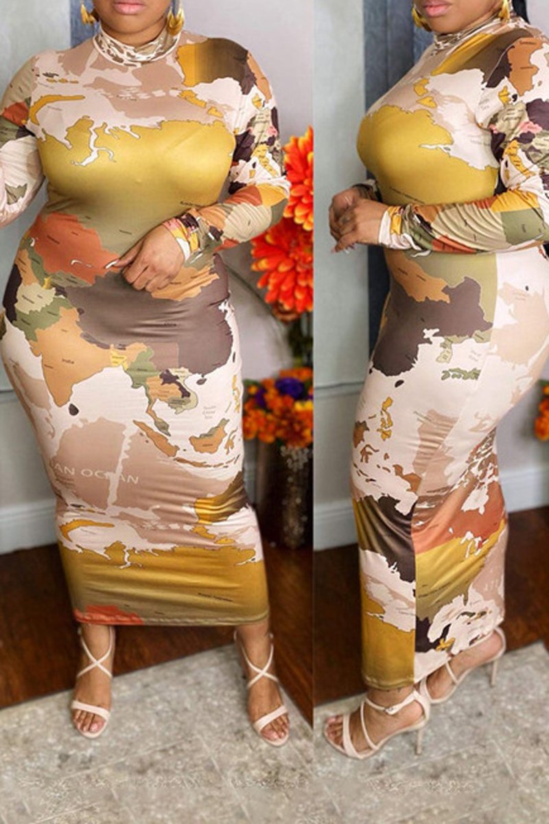 Plus Size Digital Print Long Sleeve Bodycon Dress