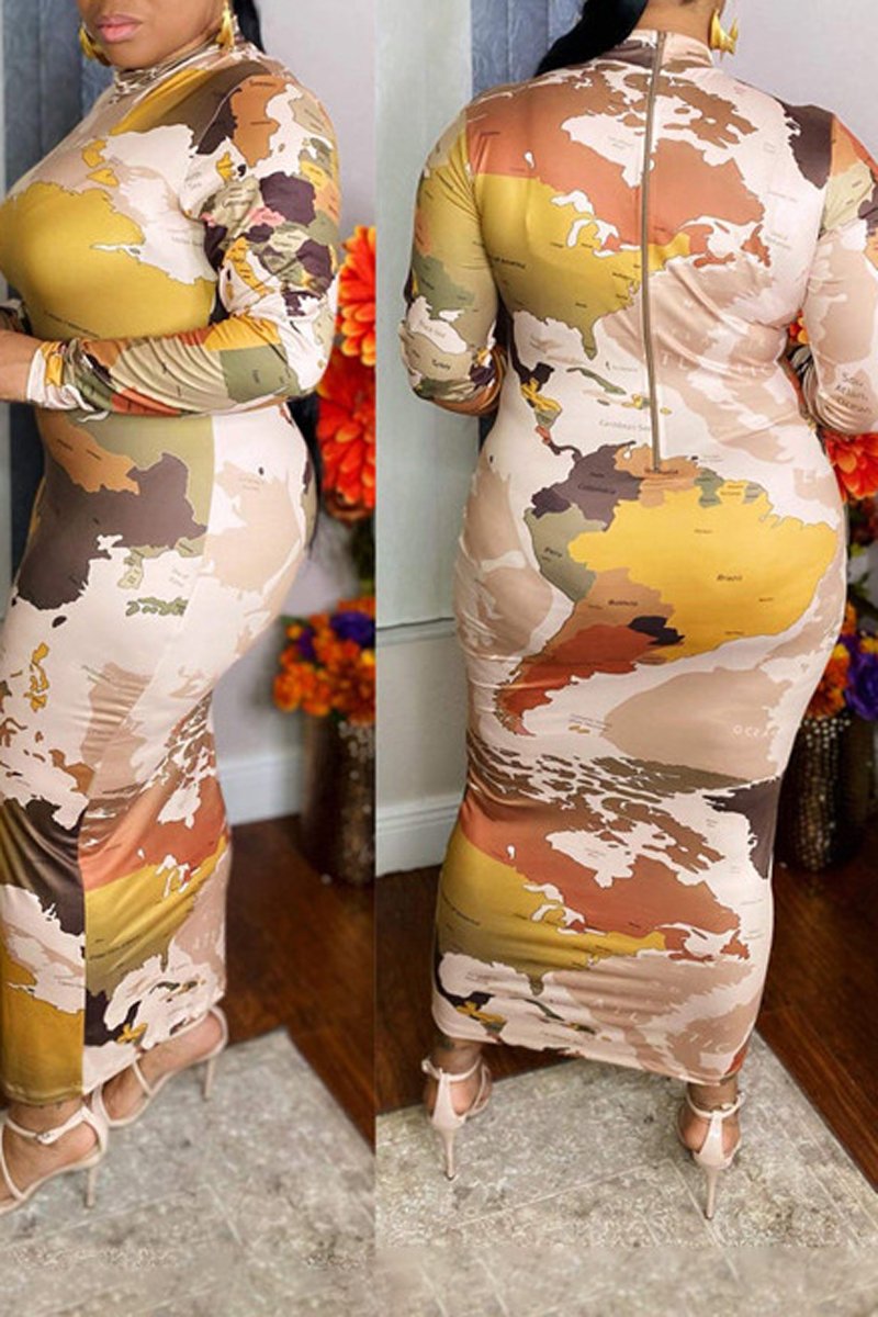 Plus Size Digital Print Long Sleeve Bodycon Dress