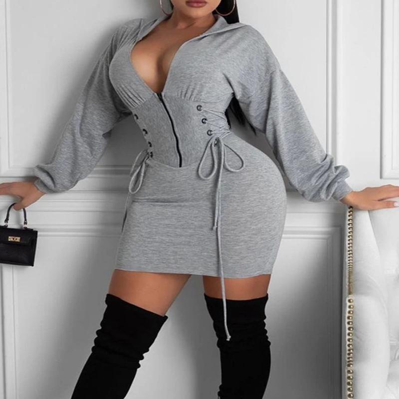 Plus Size Bandage Beam Waist Hooded Collar Dress
