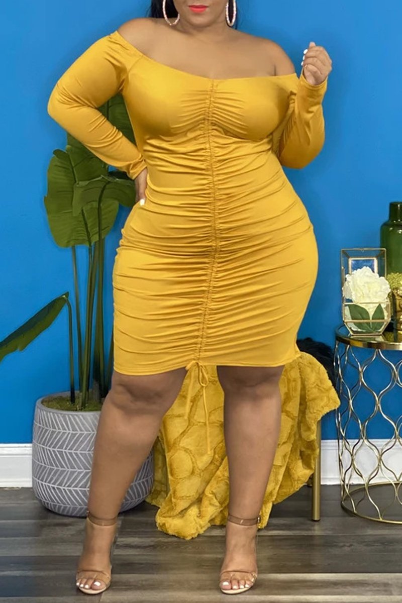Plus Size Drawstring Off The Shoulder Midi Dress