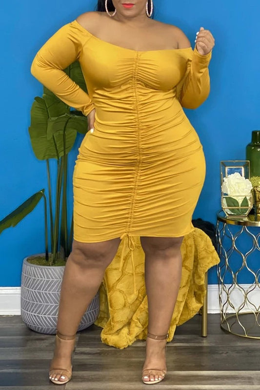 Plus Size Drawstring Off The Shoulder Midi Dress