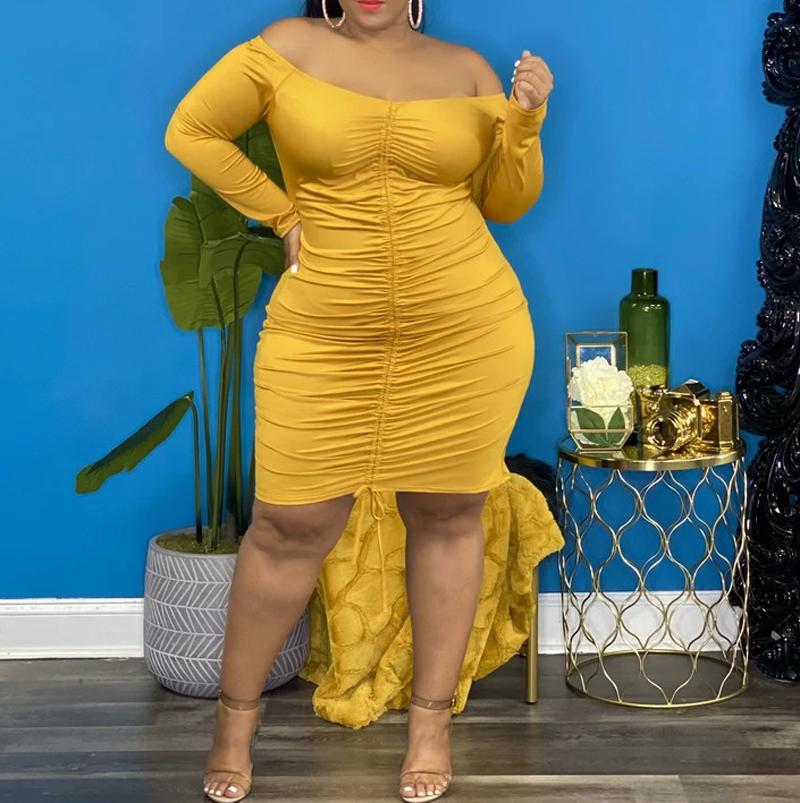 Plus Size Drawstring Off The Shoulder Midi Dress