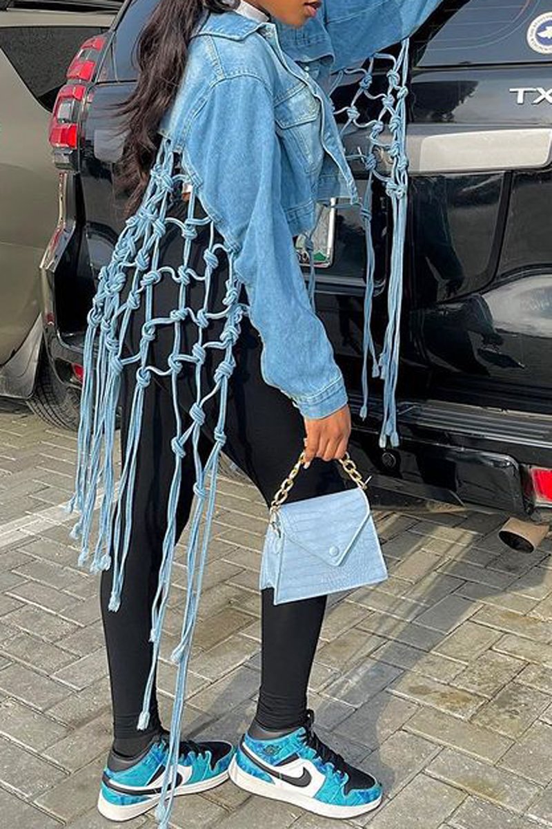Plus Size Denim Pierced Lapel Short Woven Coat