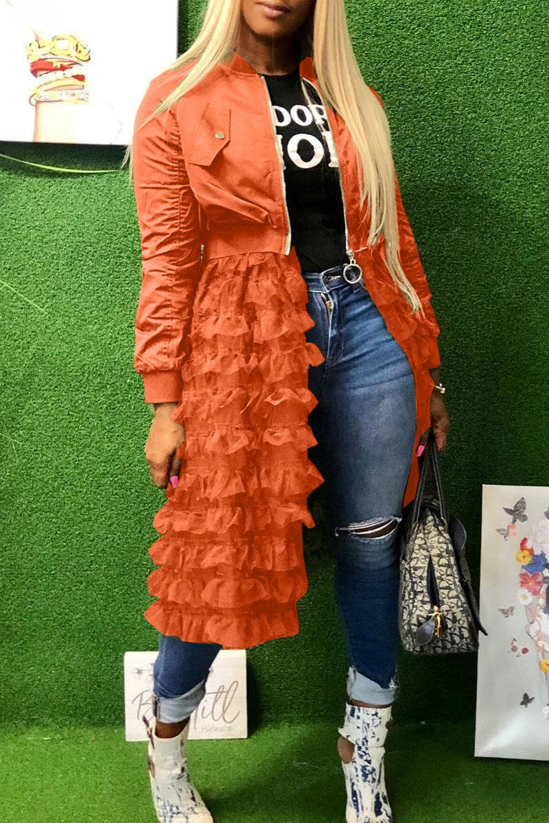 Plus Size Flounced Mesh Panel Zipper Long Coat