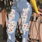 Plus Size Floral Print Patchwork Denim Pants