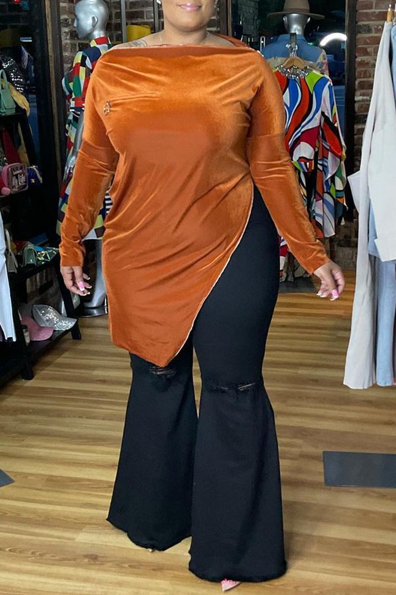 Plus Size Boat Neck Irregular Hem Zipper Top