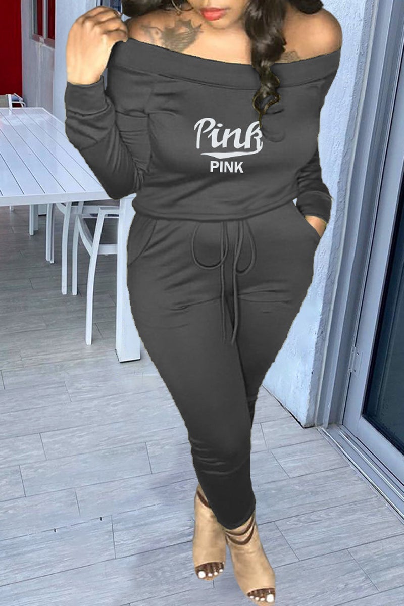 Plus Size Boat Neck Letter Print Two Piece Sets