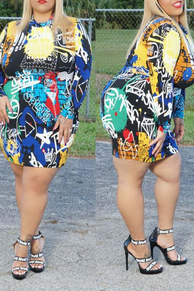 Plus Size Digital Print Bodycon Mini Dress