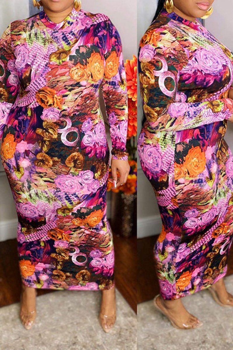 Plus Size Digital Print Long Sleeve Bodycon Dress