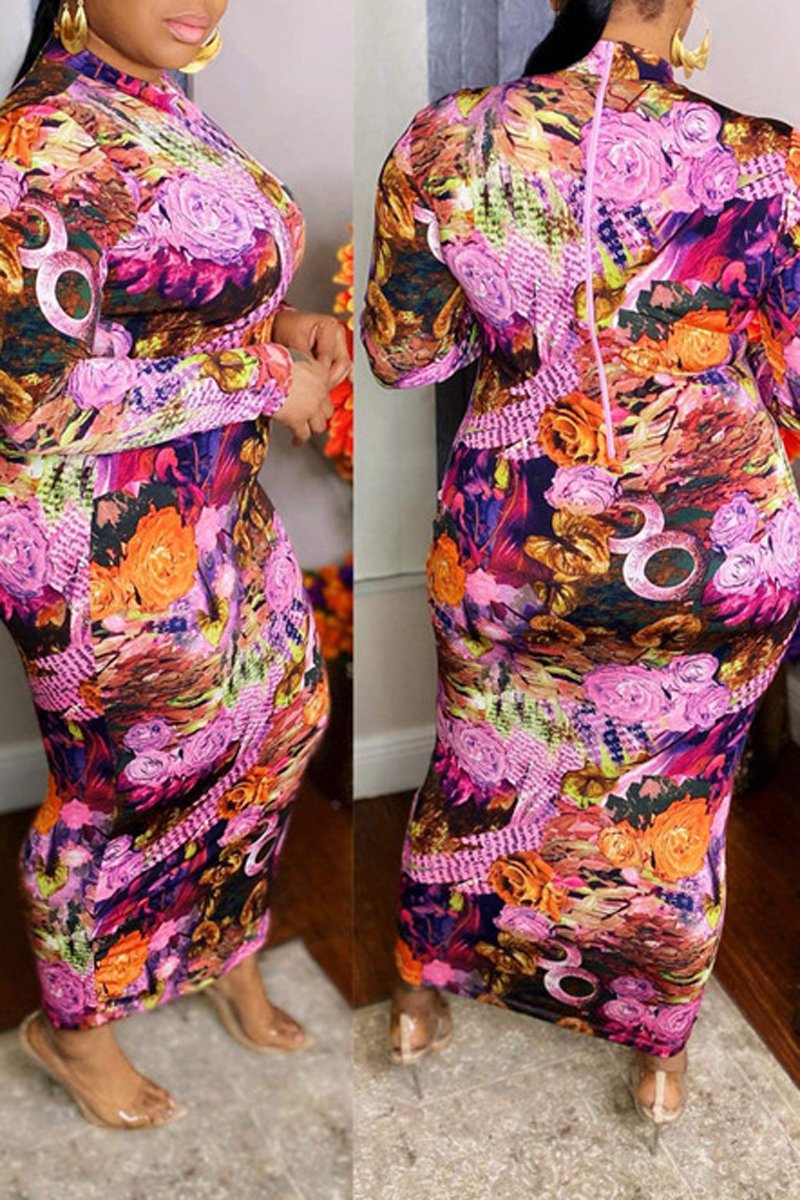Plus Size Digital Print Long Sleeve Bodycon Dress