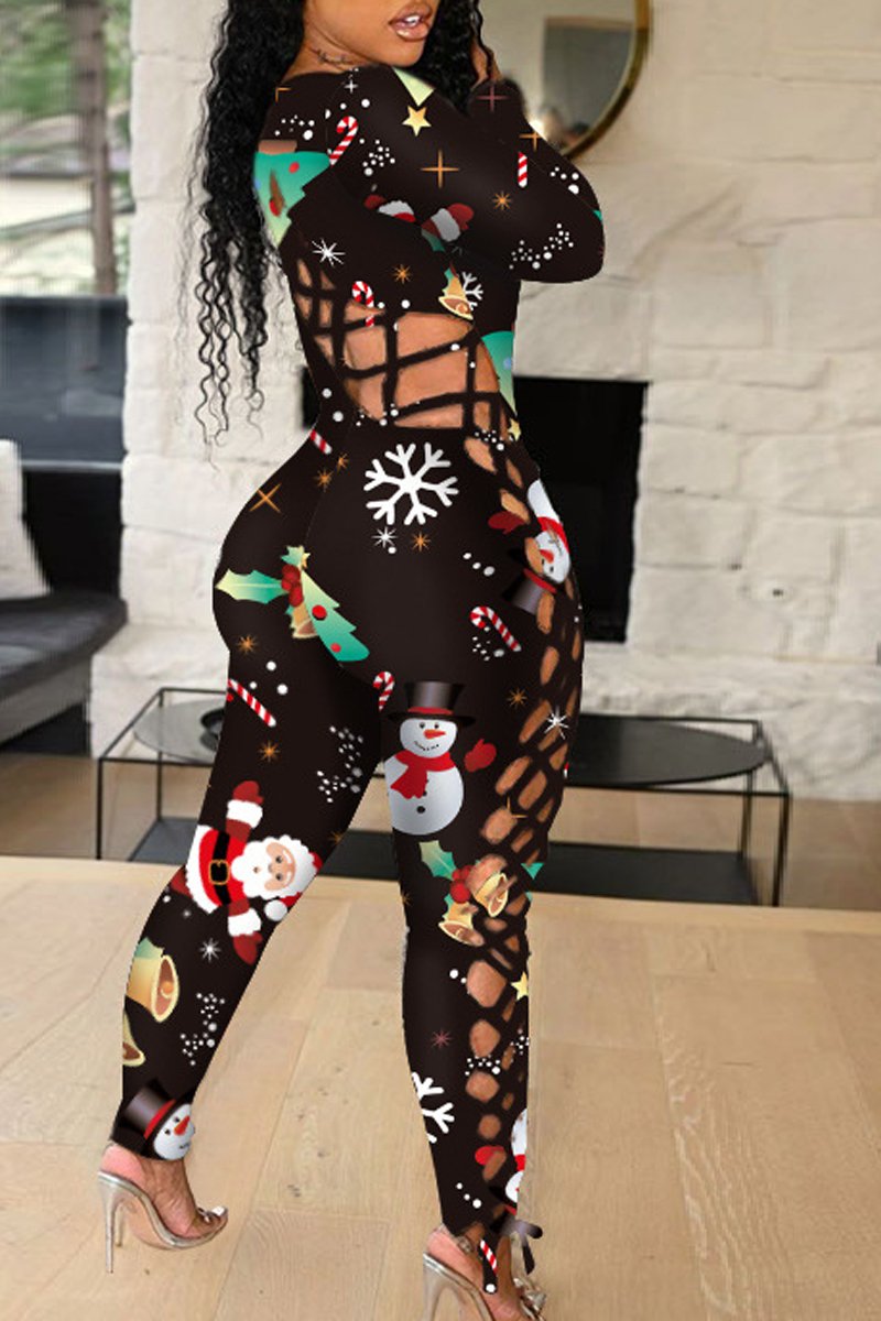 Plus Size Christmas Print Bandage Casual Jumpsuit