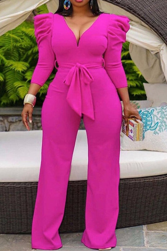Plus Size Deep V-Neck Puff Sleeve Jumpsuit