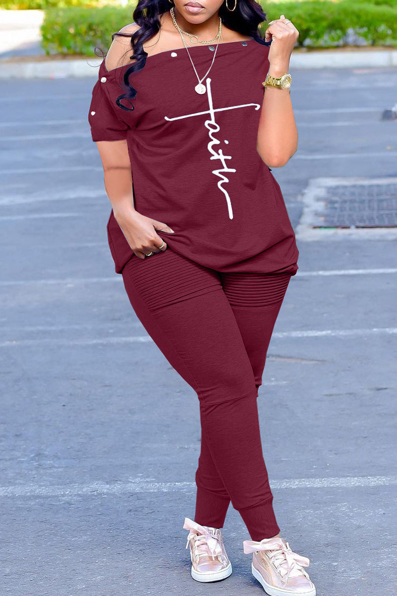 Plus Size Button Letter Print Wrinkled Two Piece Sets