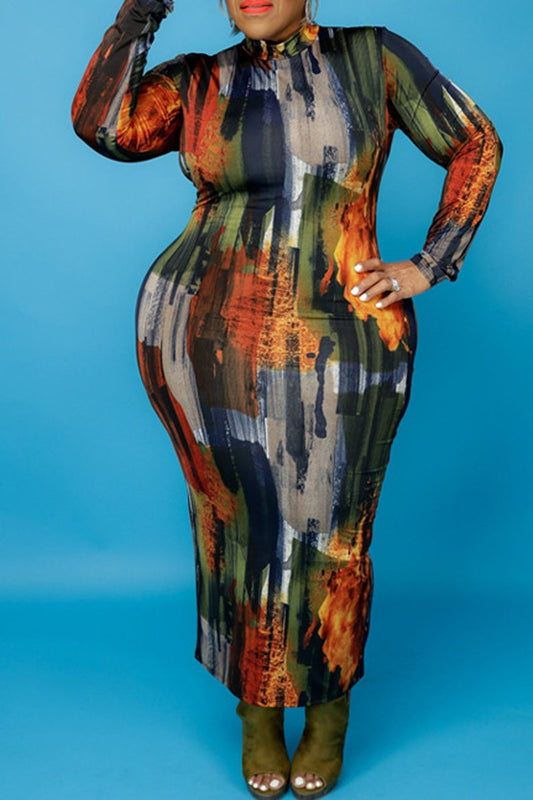 Plus Size Digital Print Long Sleeve Bodycon Dress