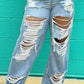 Plus Size Denim Hole Distressed Wide Leg Tassel Jeans