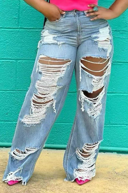 Plus Size Denim Hole Distressed Wide Leg Tassel Jeans