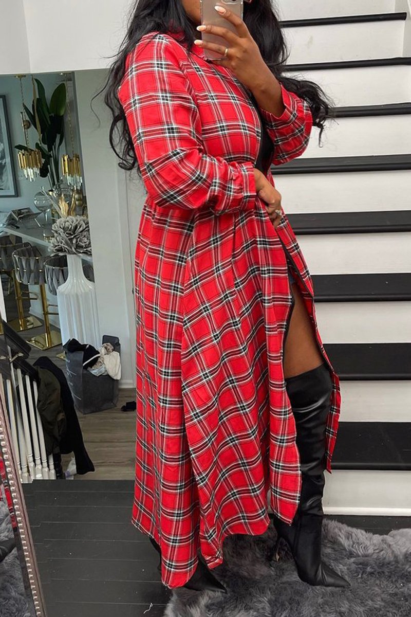 Plaid Print Zipper Long Sleeve Casual Long Coat