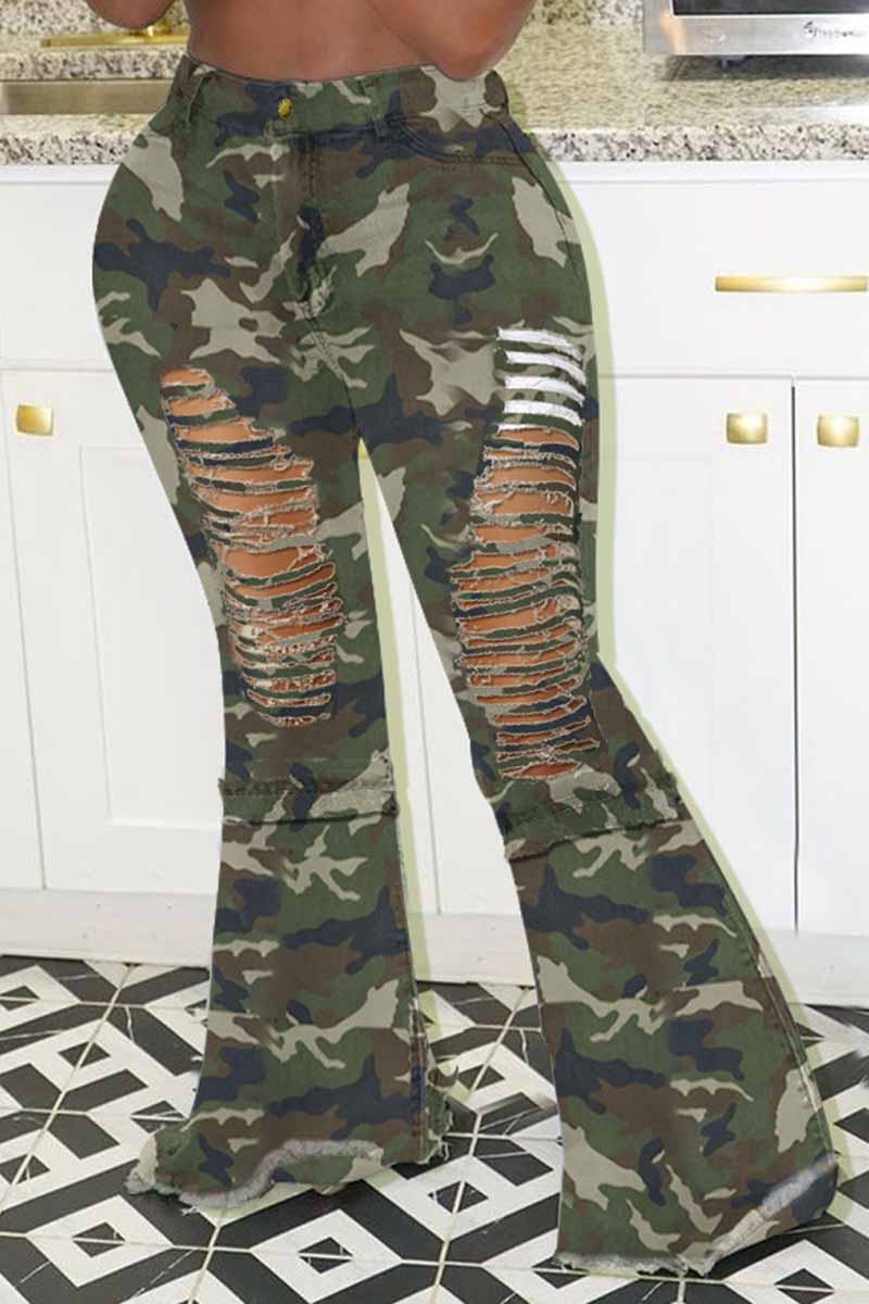 Plus Size Denim Camouflage Print Hole Flared Jeans