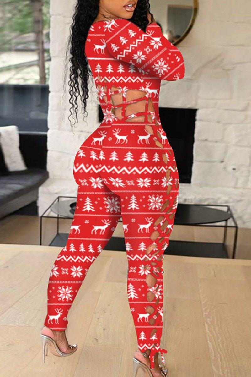 Plus Size Christmas Print Bandage Casual Jumpsuit