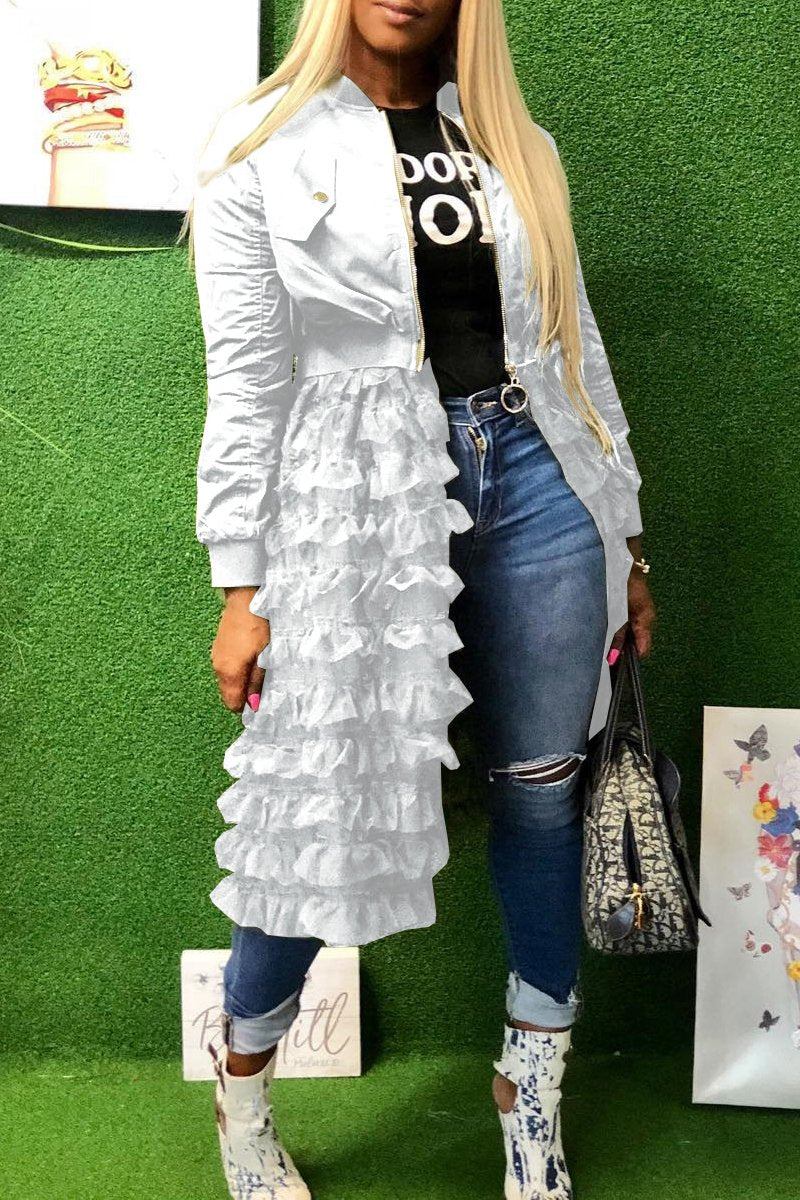 Plus Size Flounced Mesh Panel Zipper Long Coat