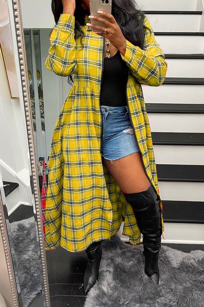 Plaid Print Zipper Long Sleeve Casual Long Coat