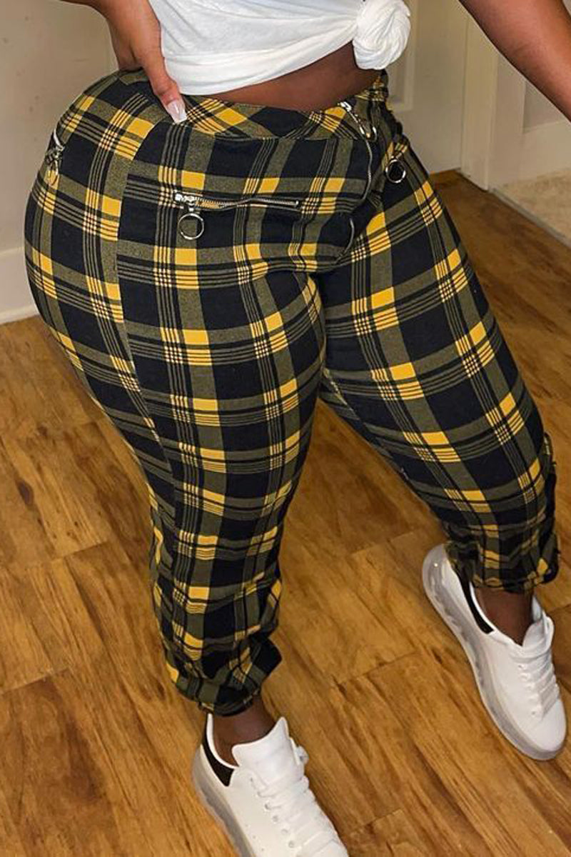 Plaid Print Zipper Pocket Long Pants