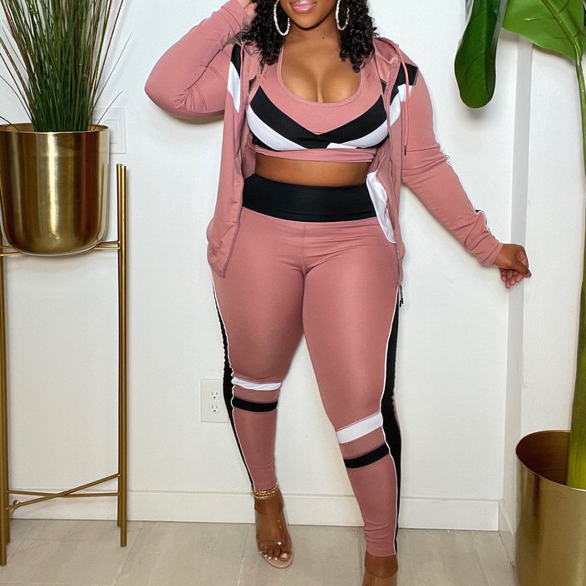 Plus Size Color Patchwork Zipper Three Piece Sets