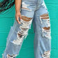 Plus Size Denim Hole Distressed Wide Leg Tassel Jeans