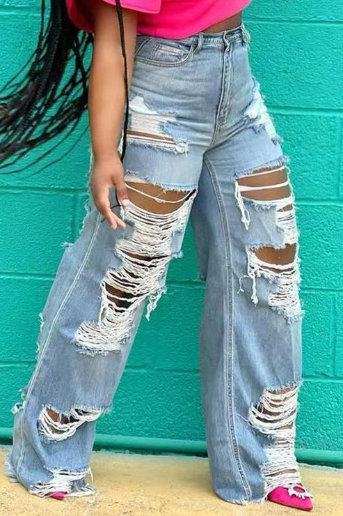 Stylish solid color plus size new holes zip-up pockets tight slim jeans