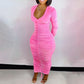Pleated Deep V-Neck Drawstring Maxi Dress