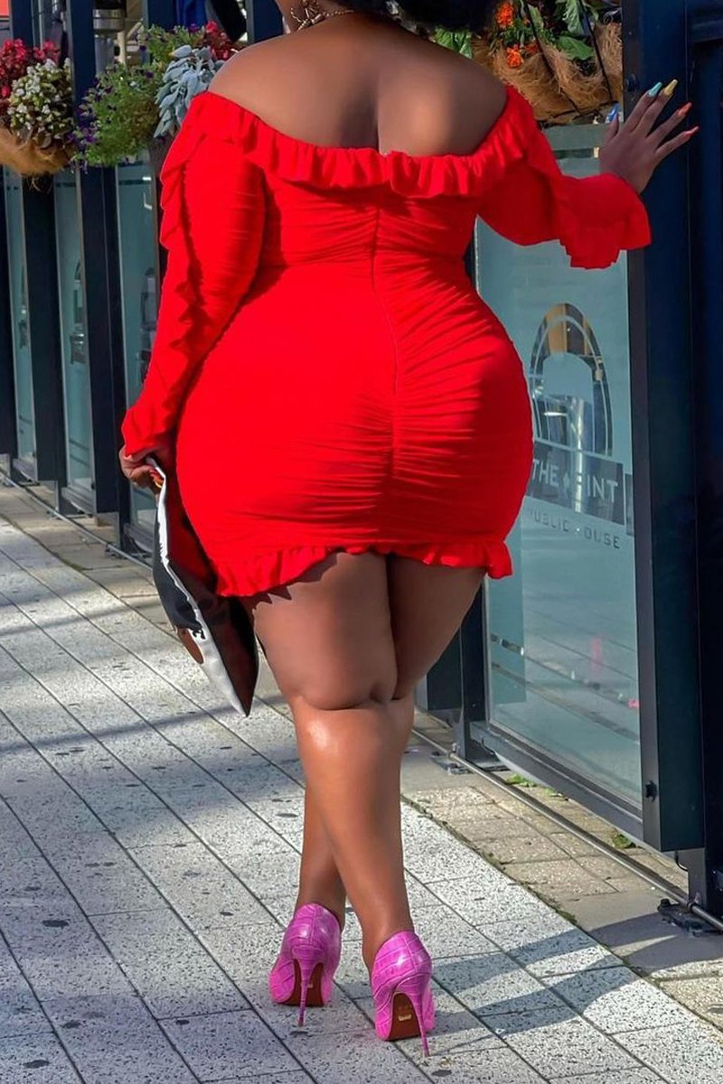 Plus Size Flounced Off The Shoulder Pleated Mini Dress