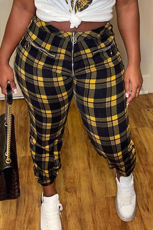 Plaid Print Zipper Pocket Long Pants